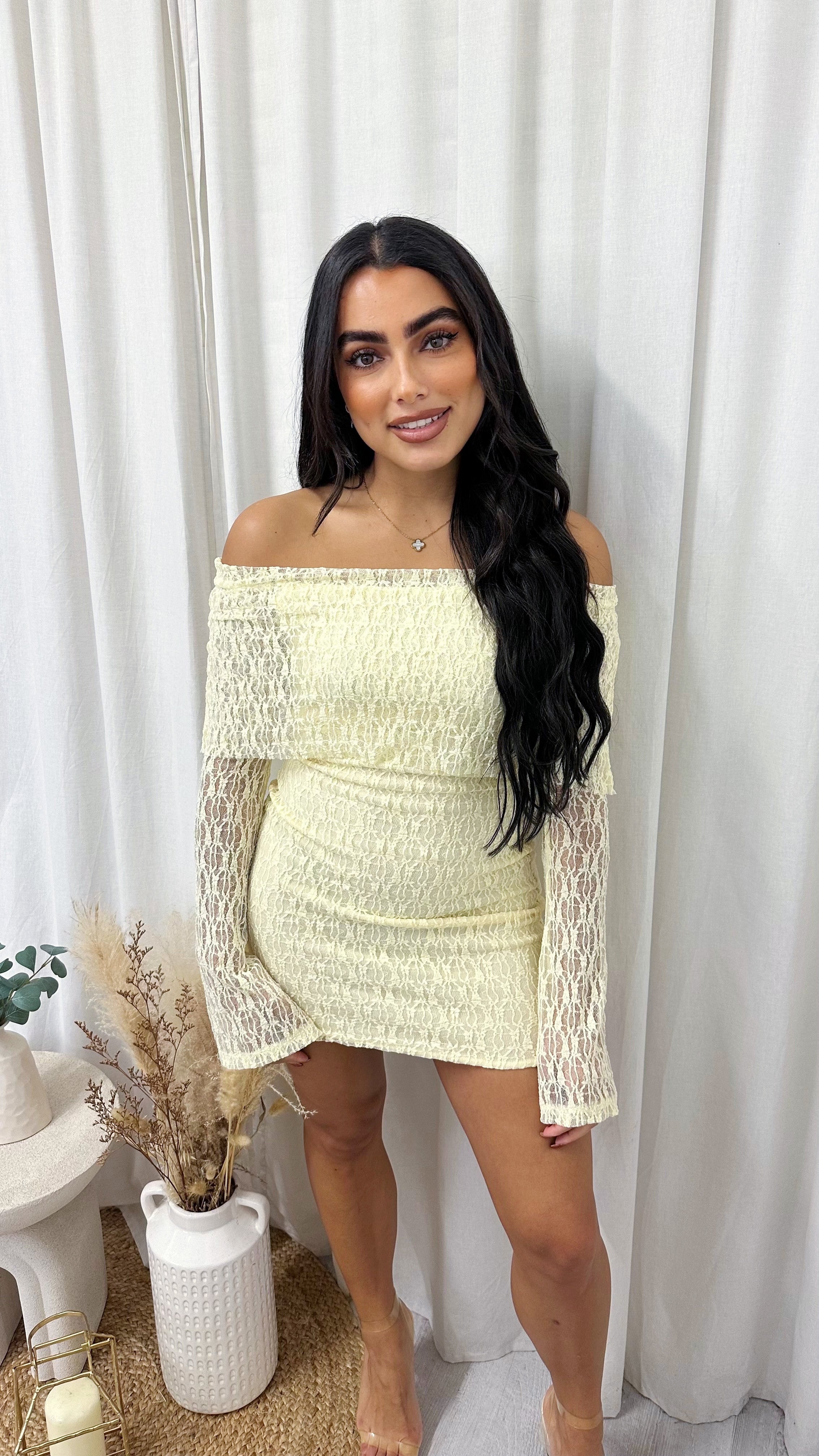 Lace Bardot Mini Dress - YELLOW