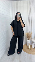 Chunky Button Shirt and Wide Leg Trousers Co-Ord - BLACK