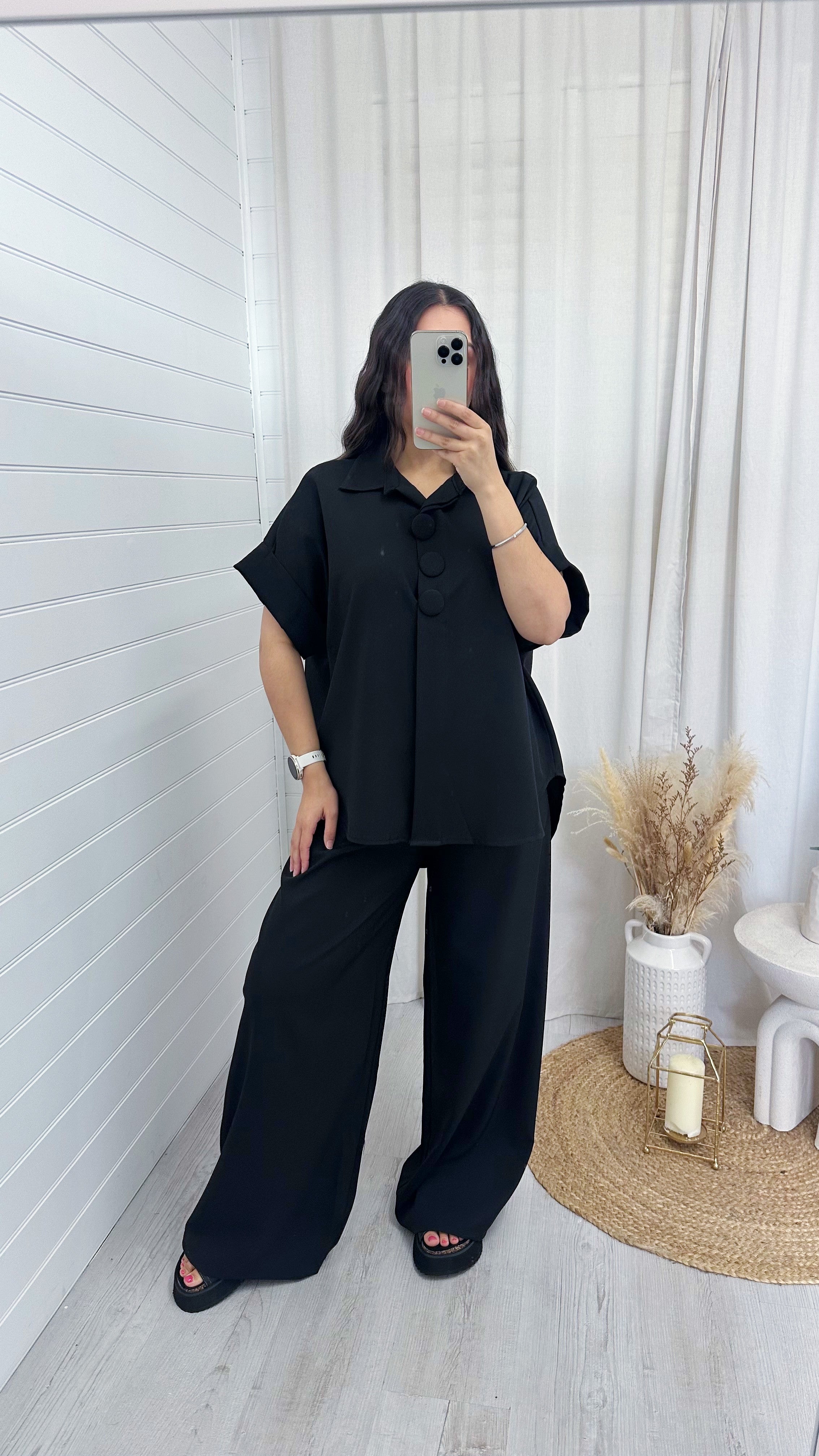 Chunky Button Shirt and Wide Leg Trousers Co-Ord - BLACK