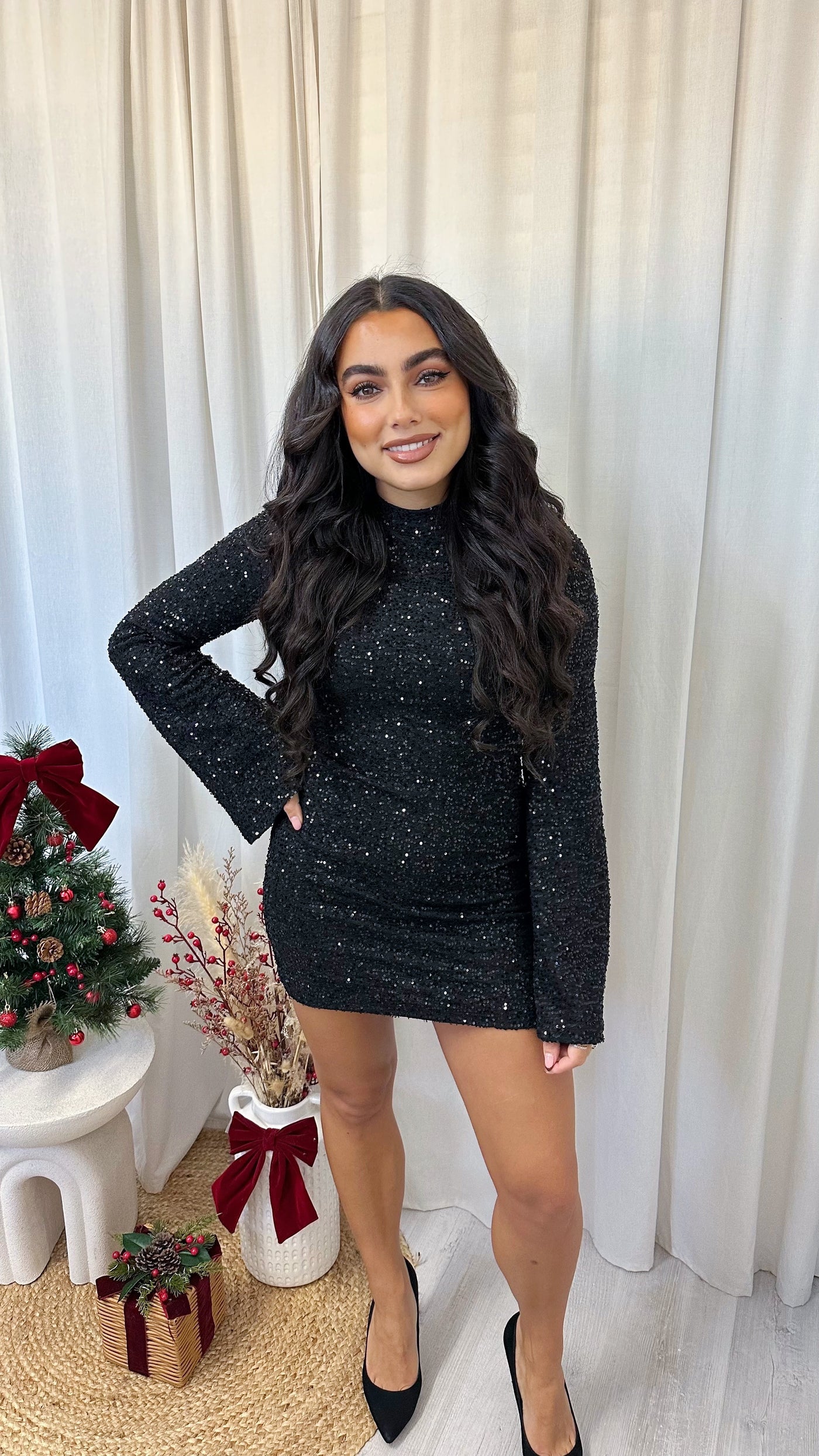 Bell Sleeve Sequin Dress - BLACK