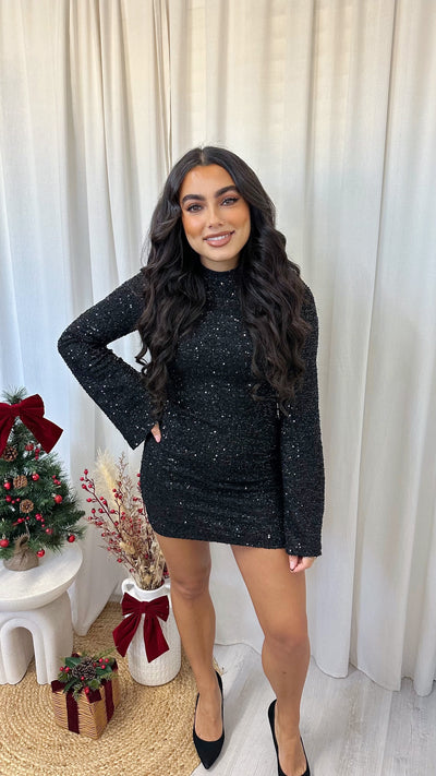 Bell Sleeve Sequin Dress - BLACK