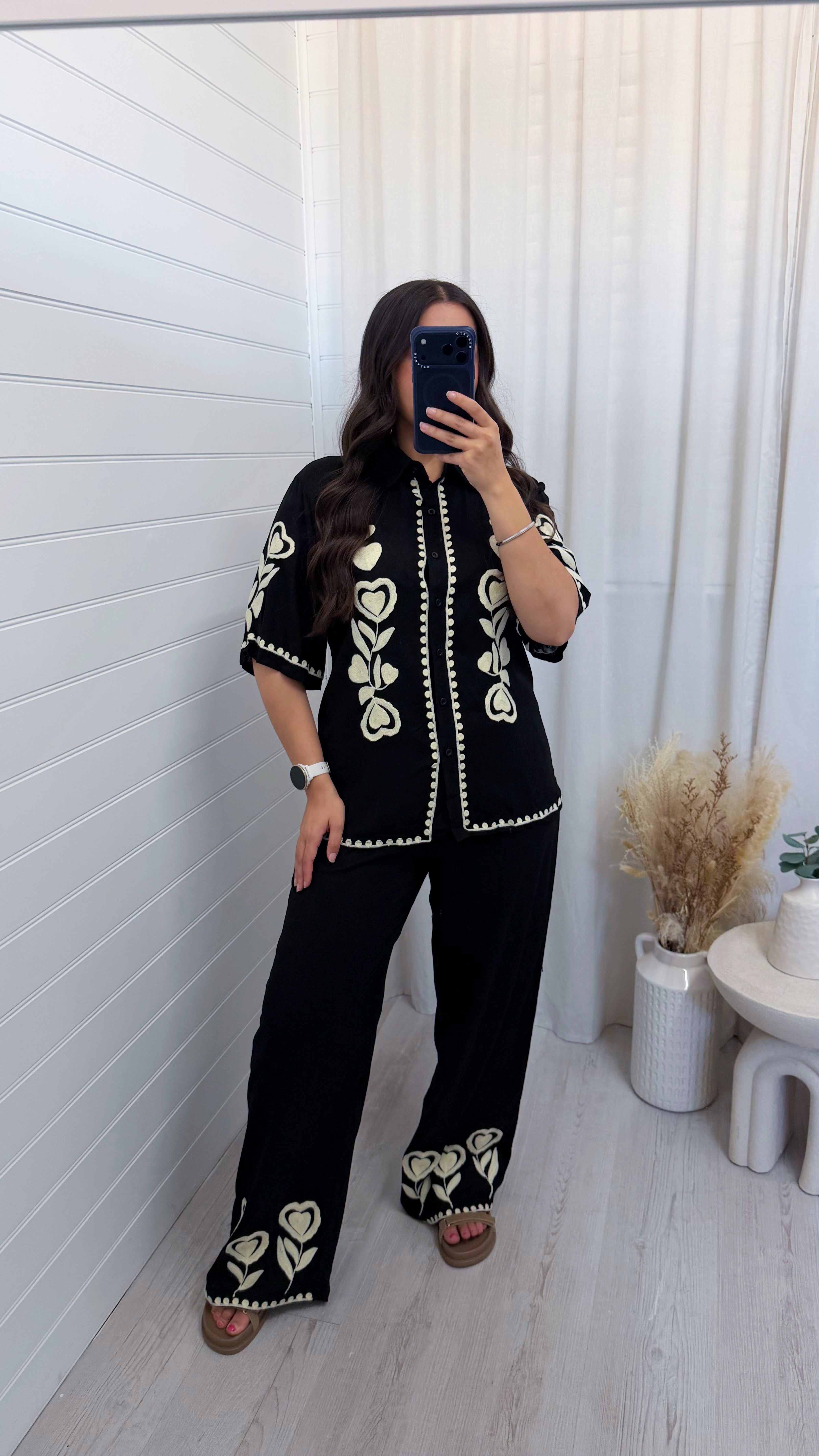 Embroidered Linen Shirt and Trousers Co-Ord - BLACK