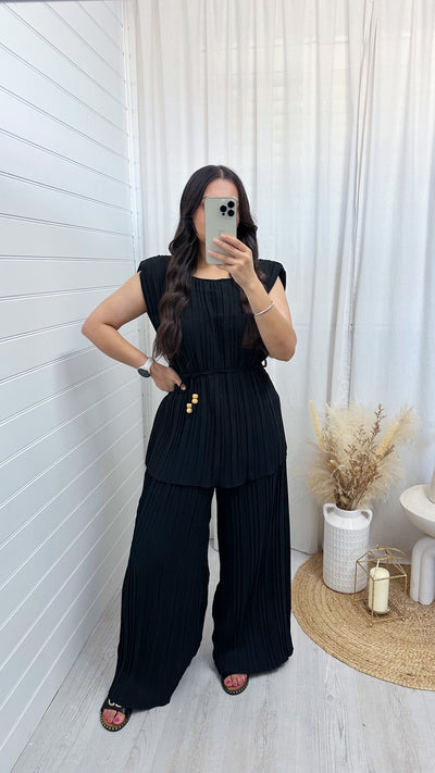 Pleated Tunic and Wide Leg Trousers Co-Ord - BLACK