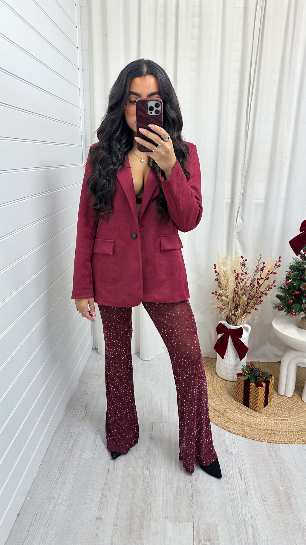 Rhinestone Mesh Flare Trousers - WINE