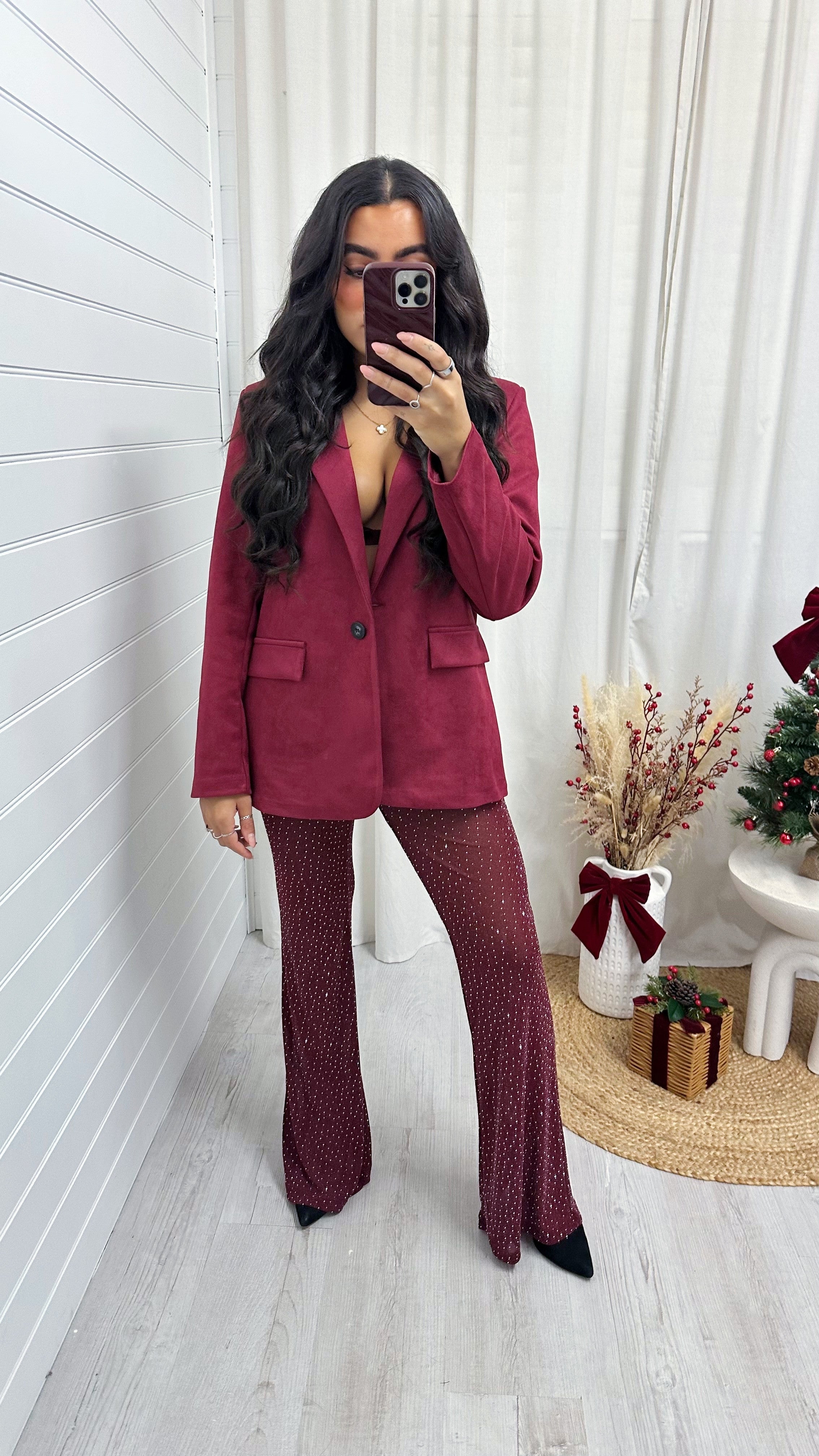 Rhinestone Mesh Flare Trousers - WINE