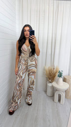 Shimmery Swirl Vest Top and Trousers Co-Ord - BEIGE
