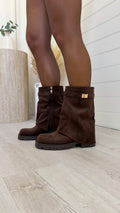 Gold Buckle Fold Over Boots - BROWN