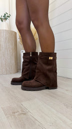 Gold Buckle Fold Over Boots - BROWN