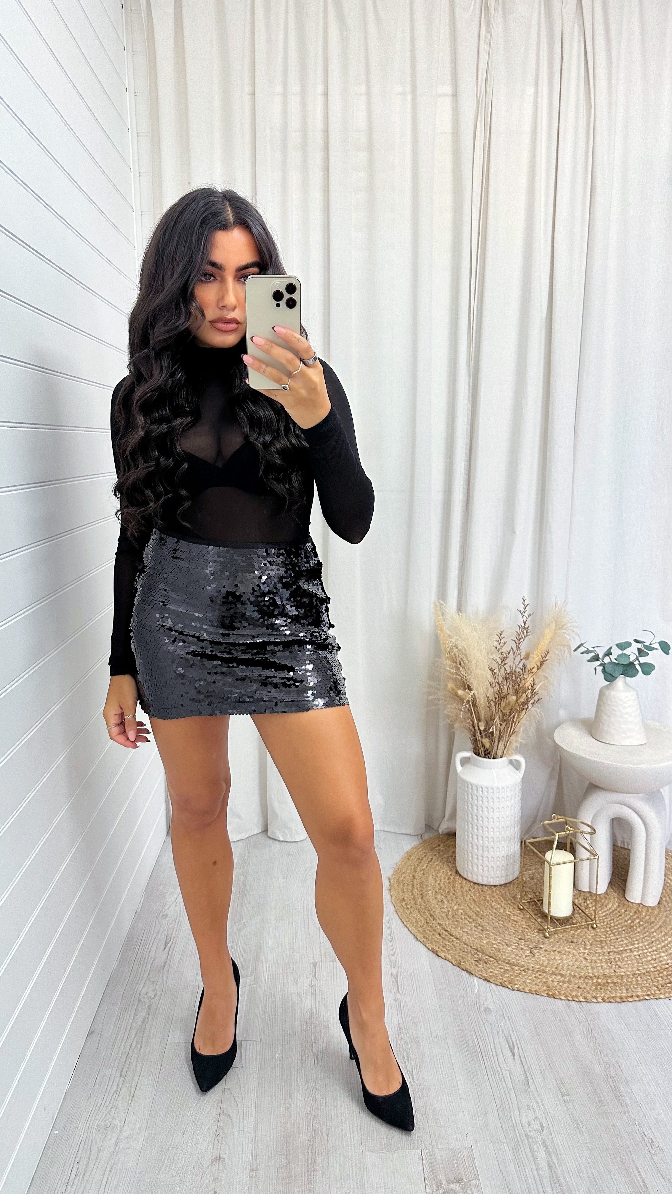 High Shine Sequin Mini Skirt - BLACK