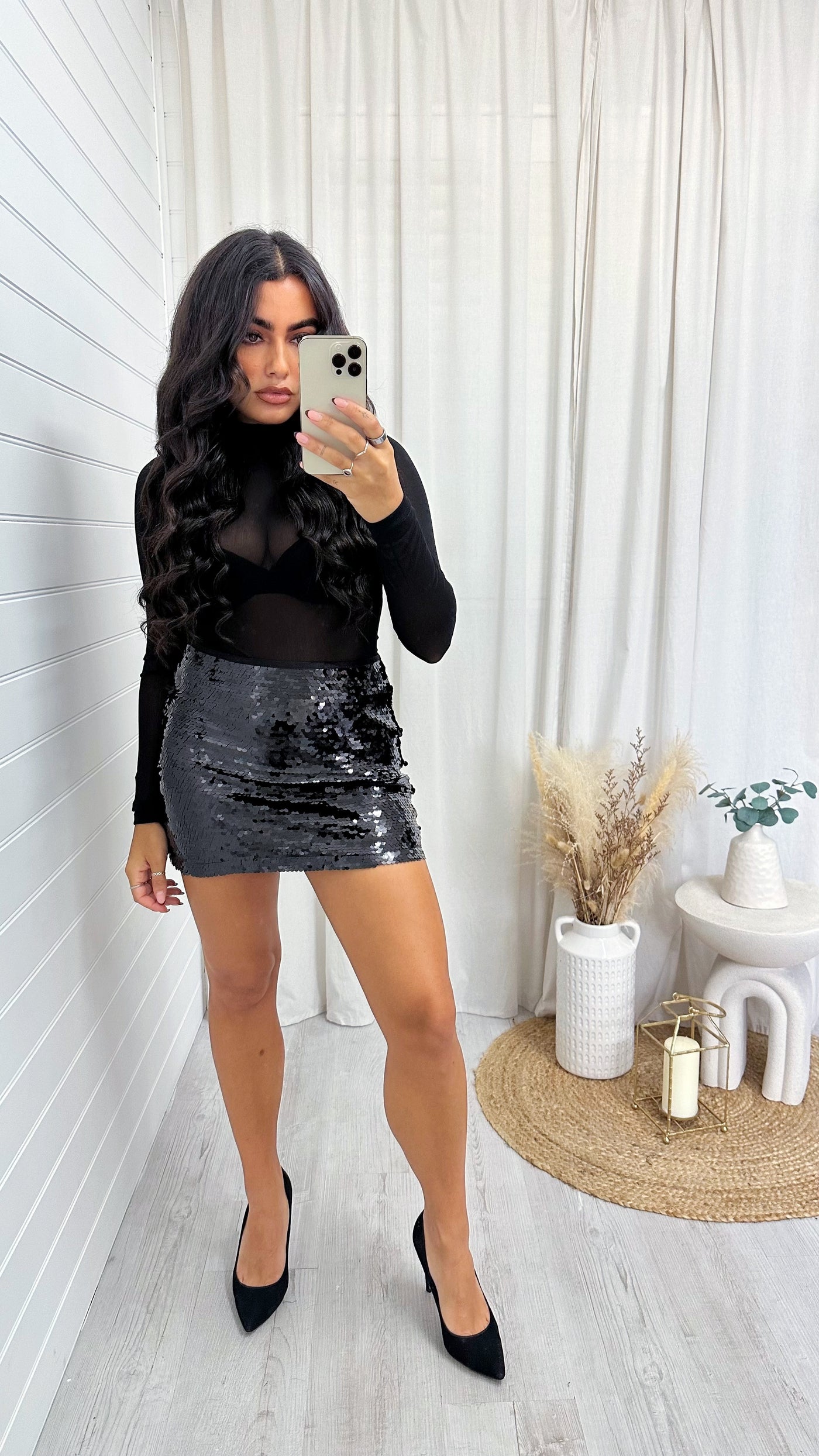High Shine Sequin Mini Skirt - BLACK