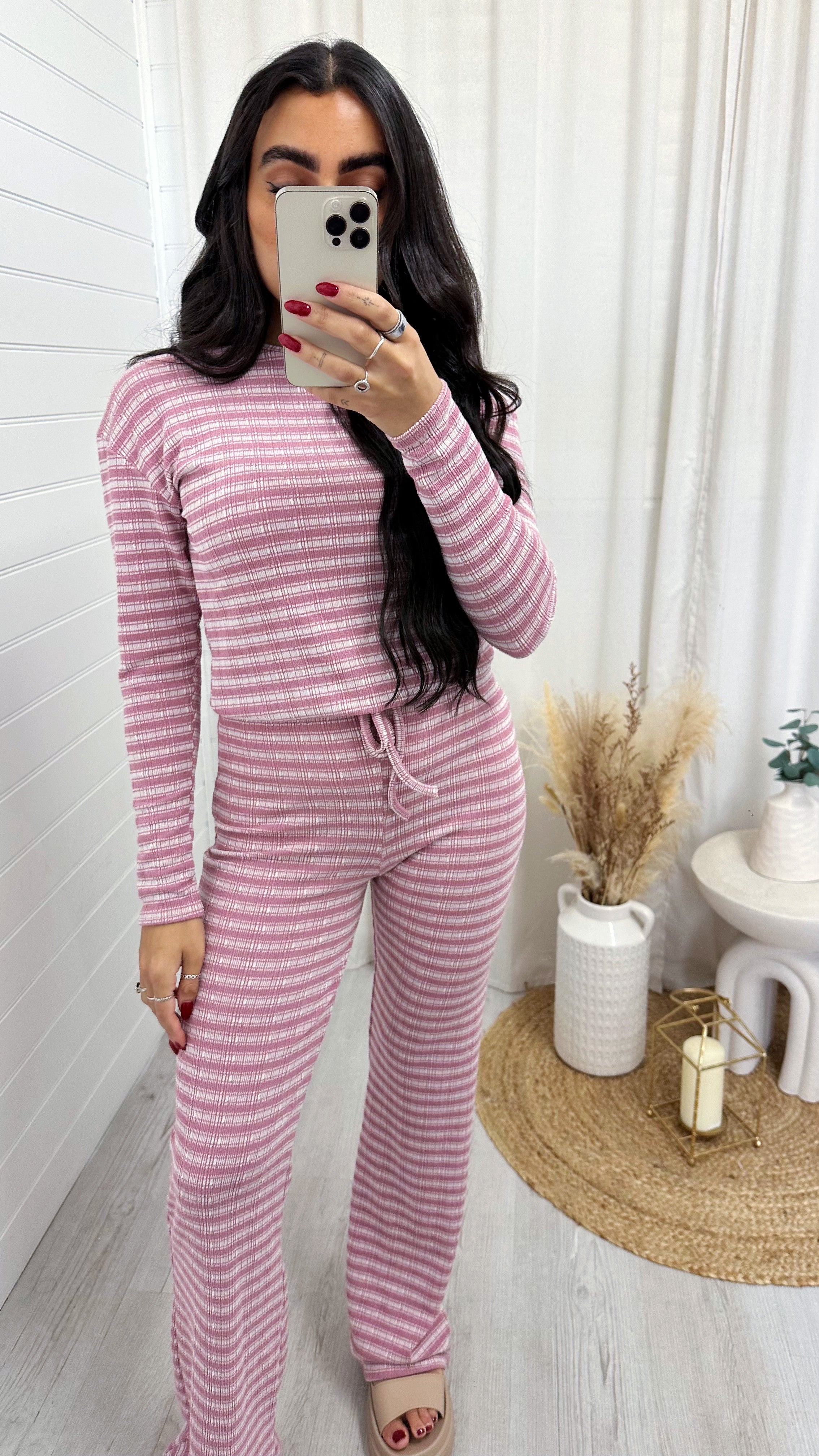 Textured Stripe Long Sleeve Top and Trousers Co-Ord - PINK