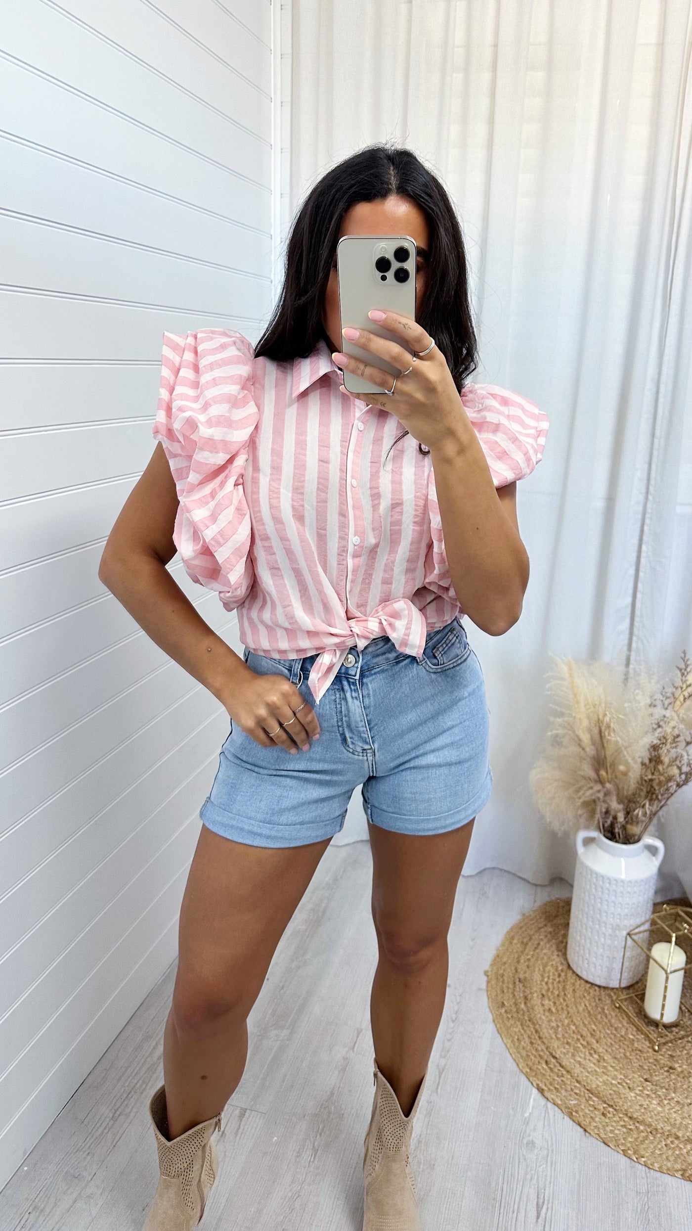 Pinstripe Frill Shoulder Shirt - PINK