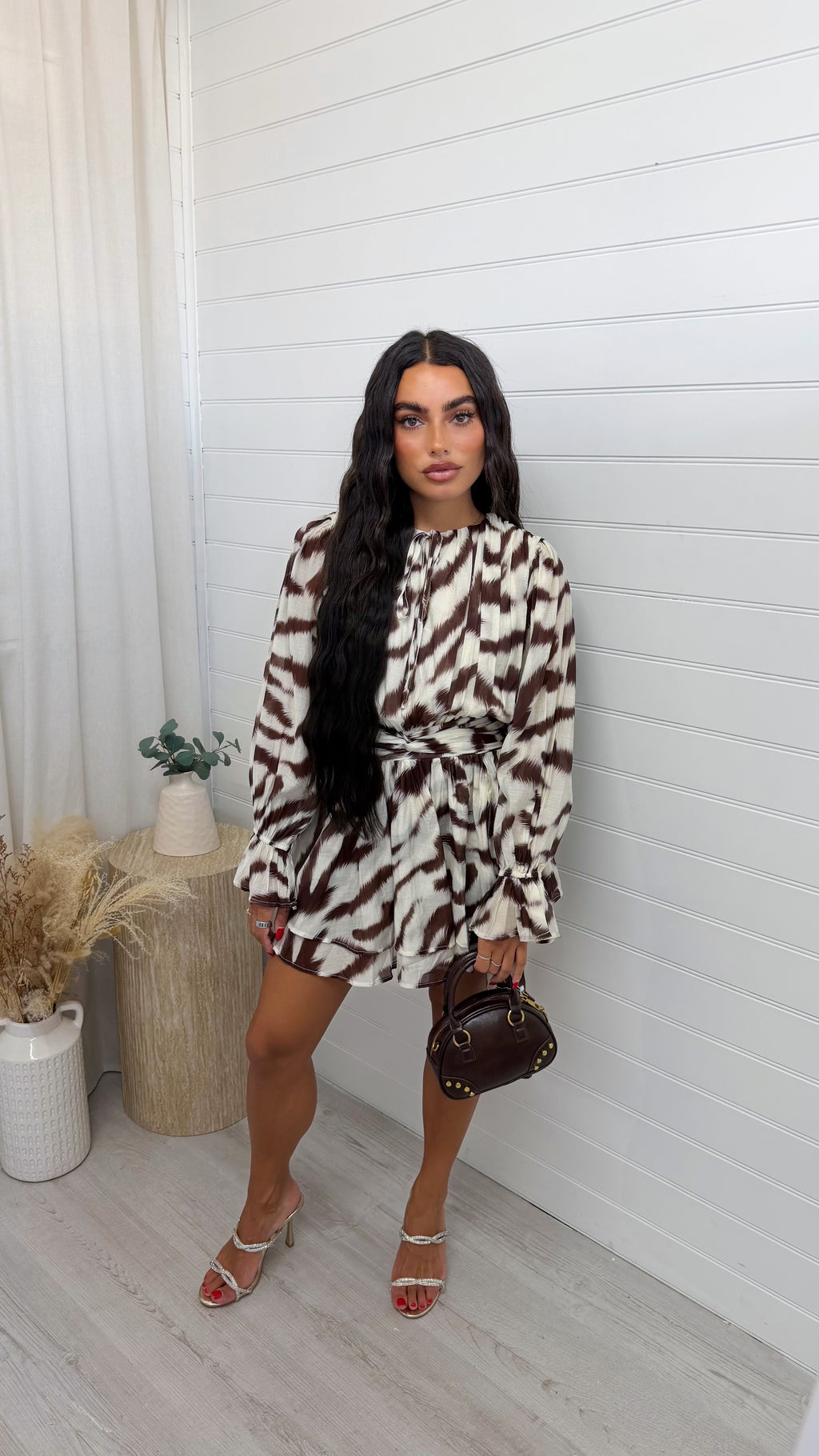Abstract Print Tie Waist Dress - BROWN