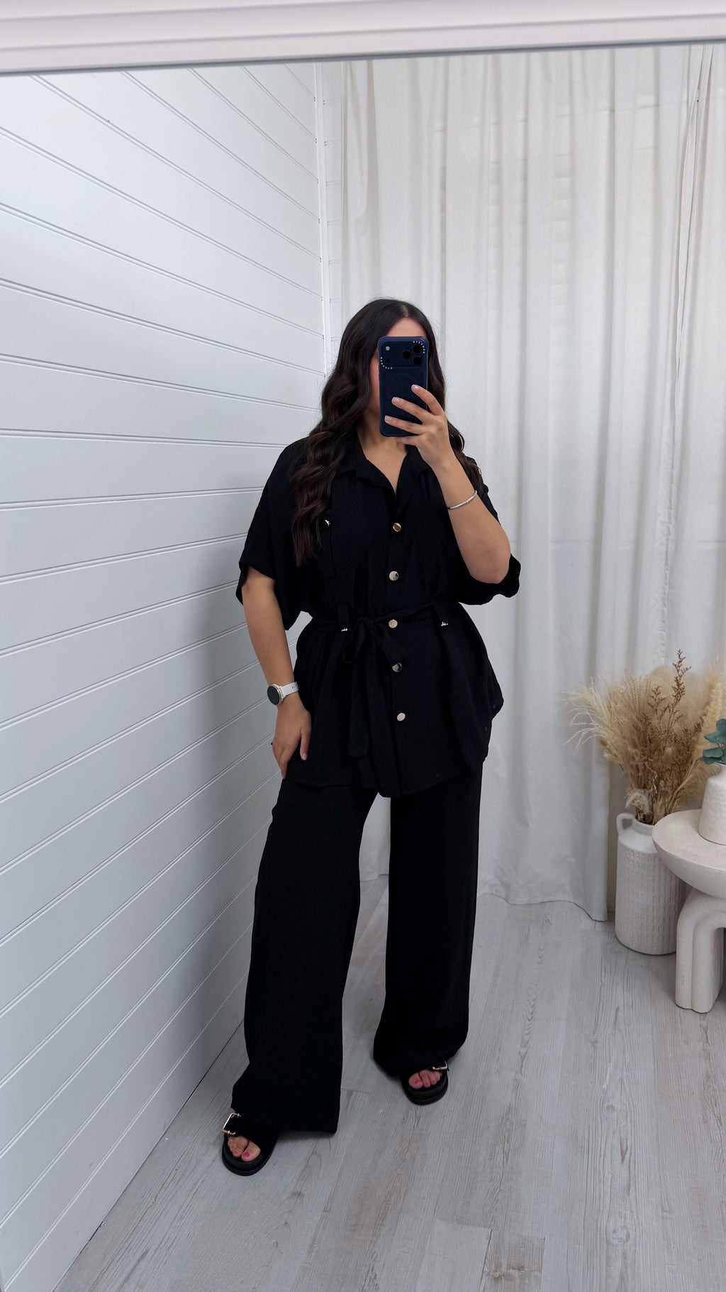 Gold Button Belted Shirt and Trousers Co-Ord - BLACK