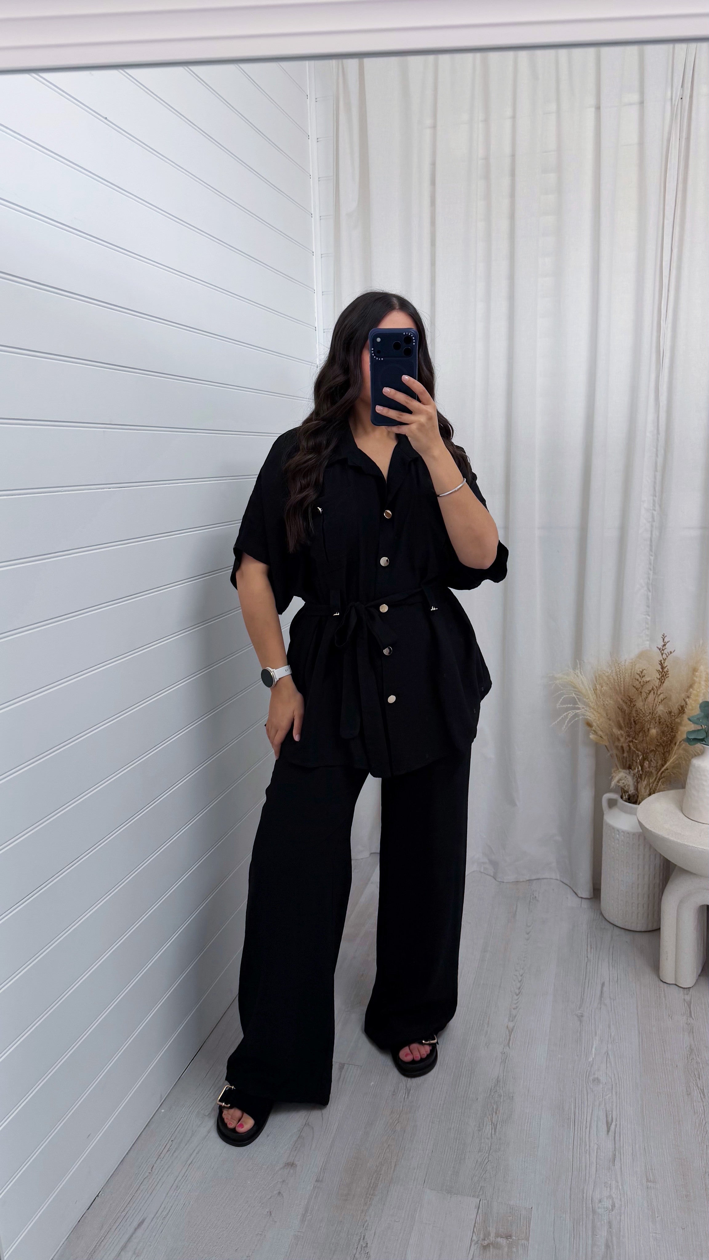 Gold Button Belted Shirt and Trousers Co-Ord - BLACK