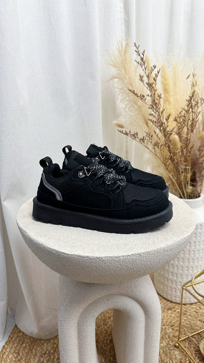 Chunky Lace Suede Sneakers - BLACK