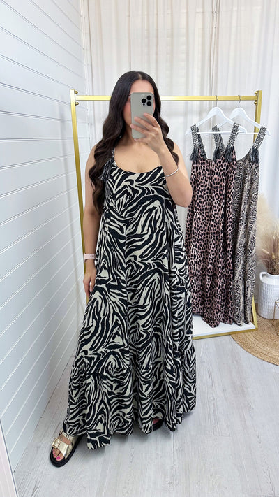 Zebra Print Tassel Sleeve Frill Hem Maxi Dress