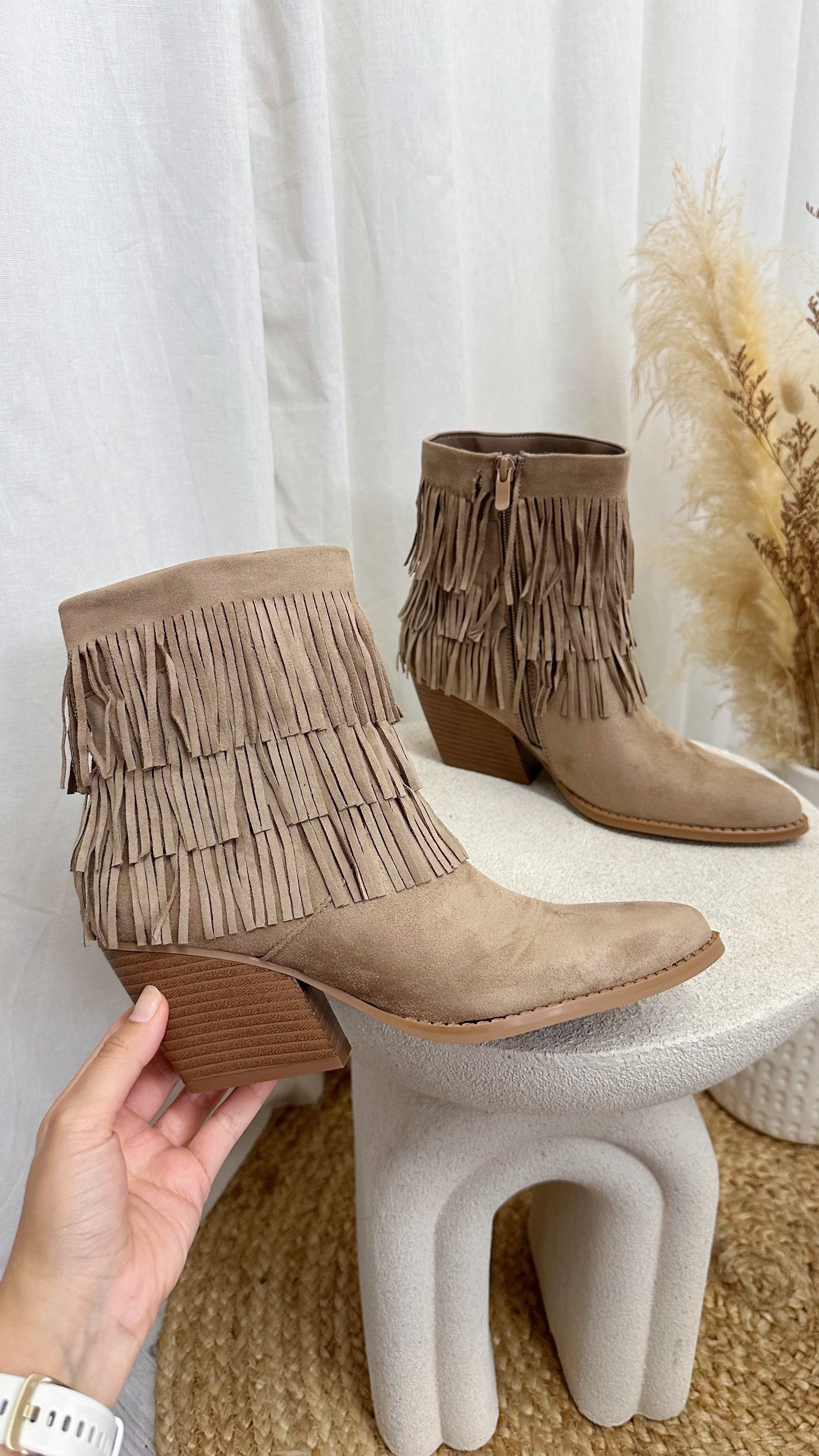 Tassel Cowboy Ankle Boots - TAUPE