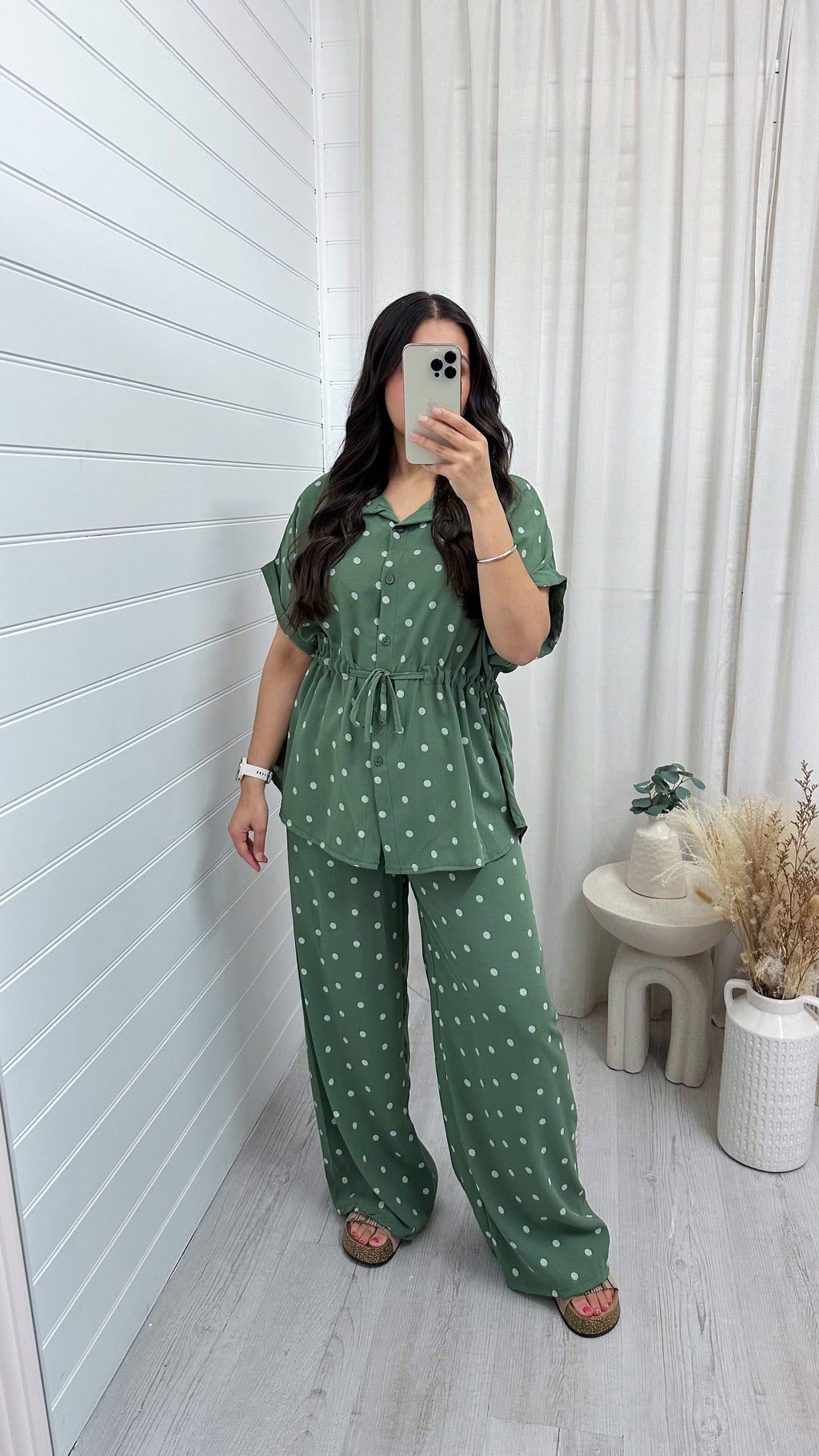 Polka Dot Cinched Shirt and Trousers Co-Ord - KHAKI