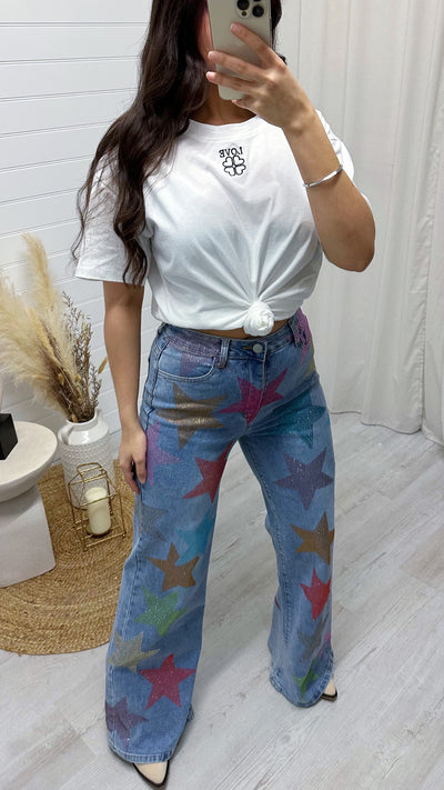 Multicolour Rhinestone Star Jeans - DENIM BLUE