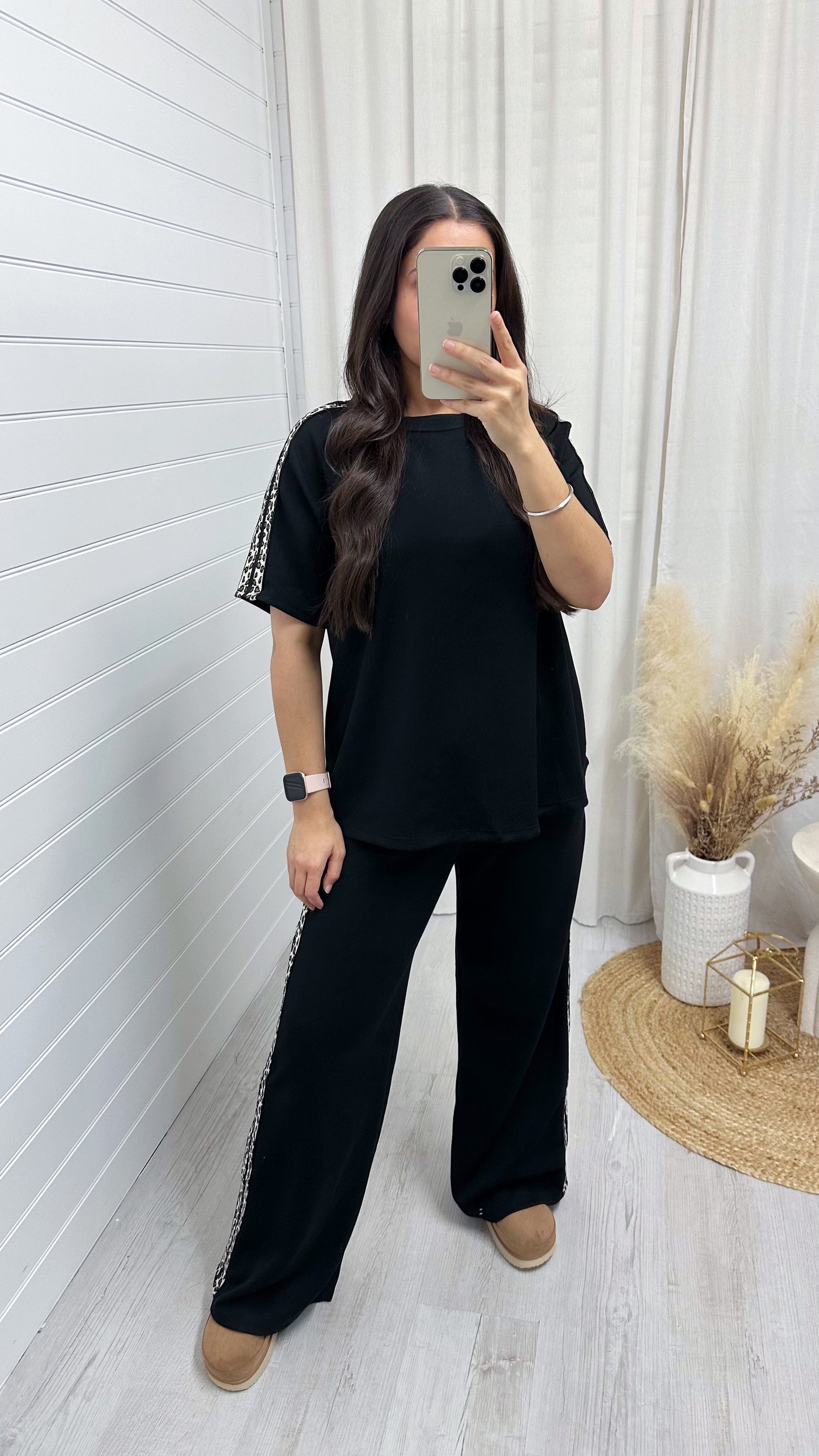 Leopard Trim Plain T-Shirt and Joggers Co-Ord - BLACK