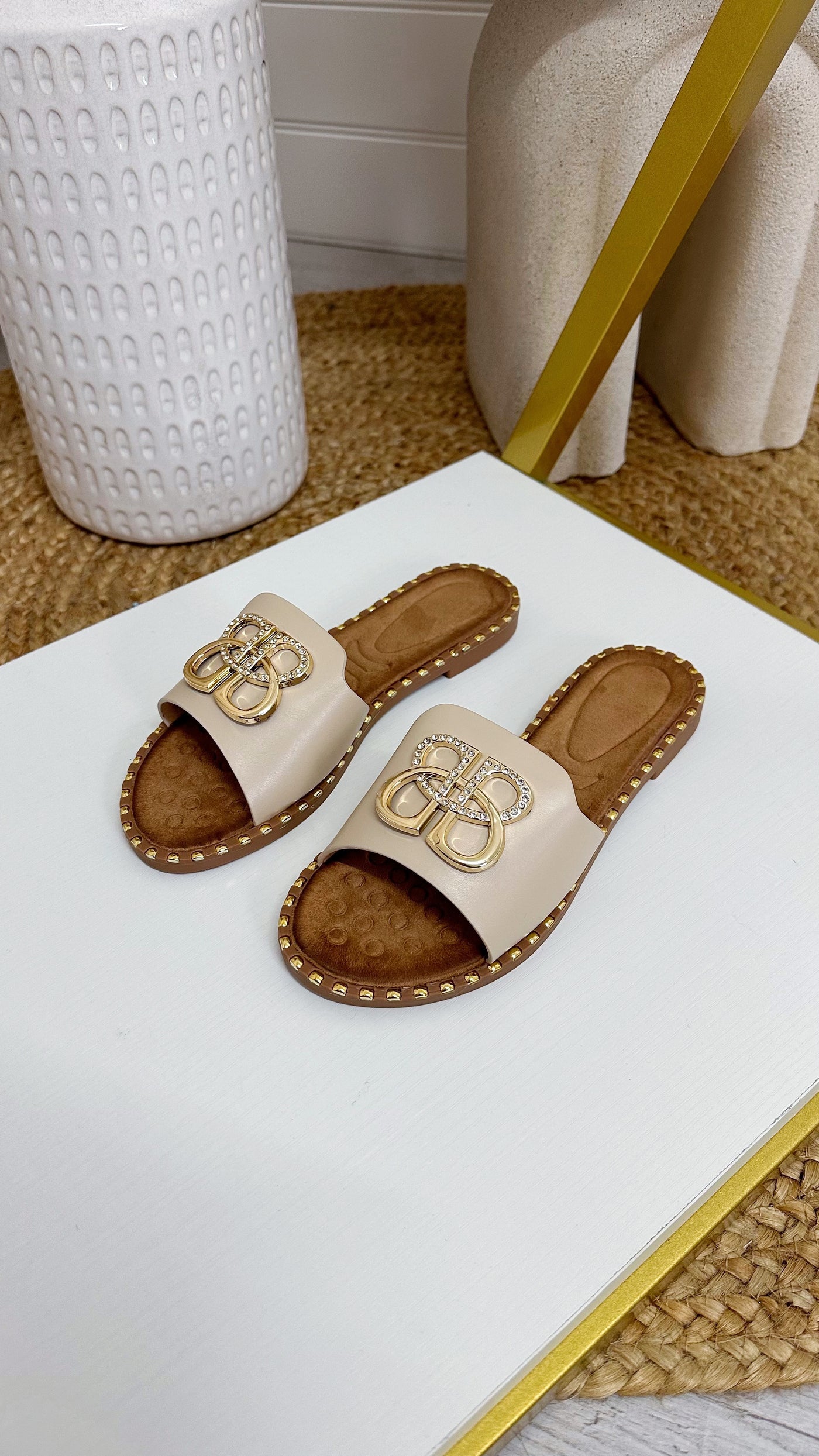 Gold Studded Diamante Sliders - BEIGE