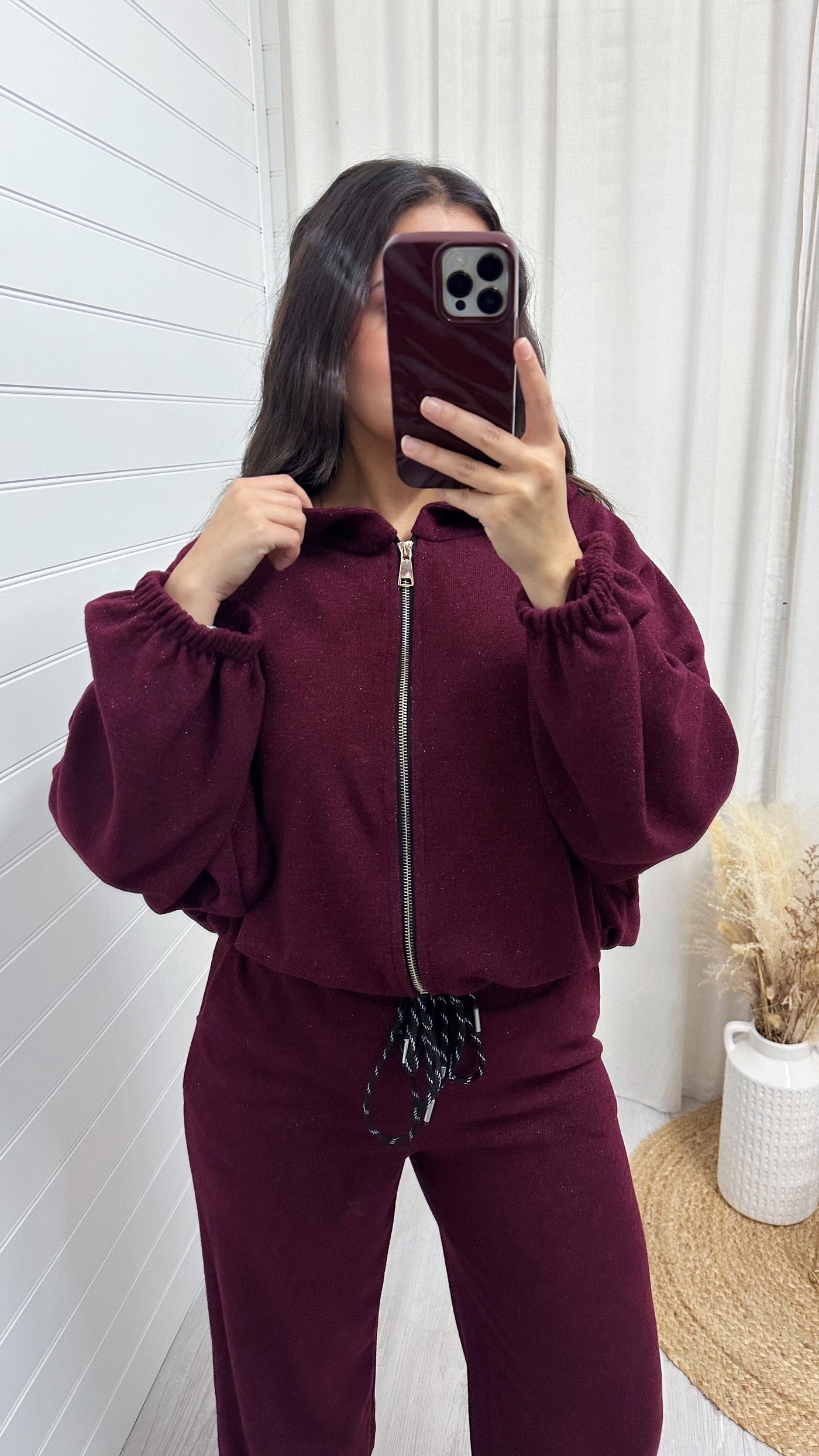 Shimmery Knitted  Bomber Jacket and Joggers Co-Ord - WINE