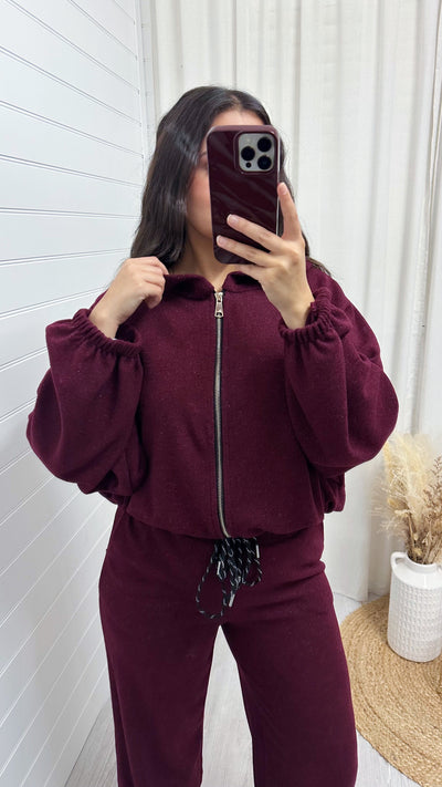Shimmery Knitted  Bomber Jacket and Joggers Co-Ord - WINE