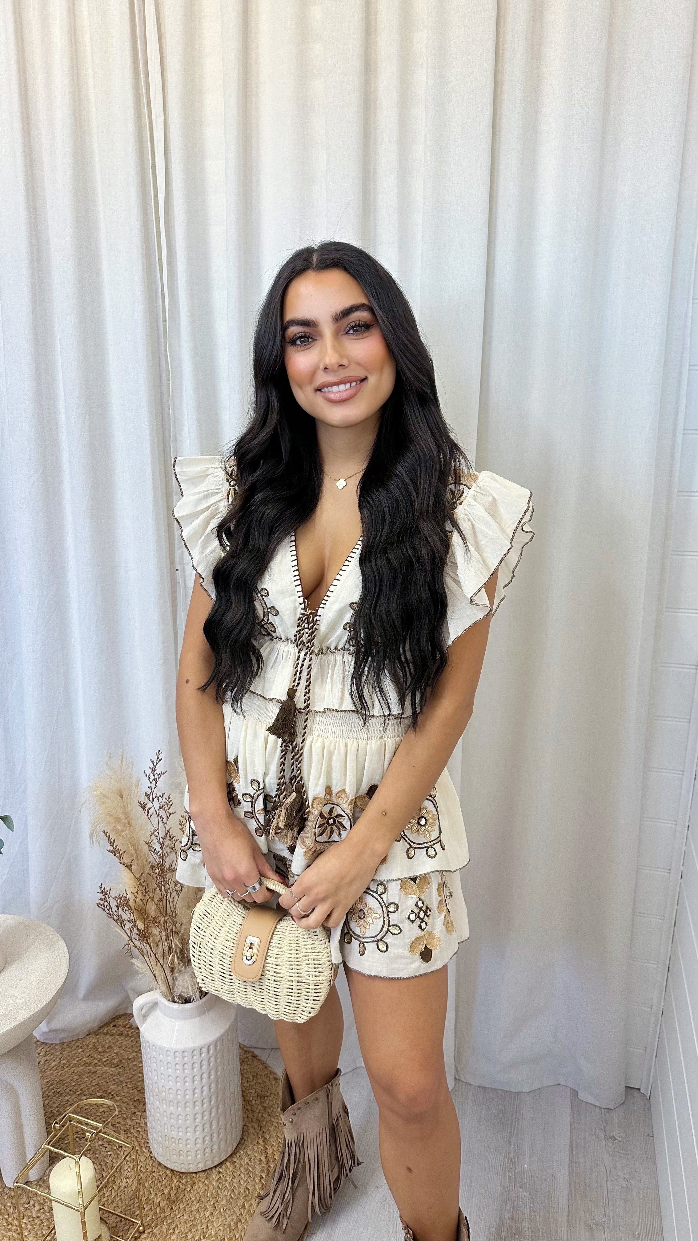 Boho Embroidered Top and Skirt Co-Ord - BEIGE