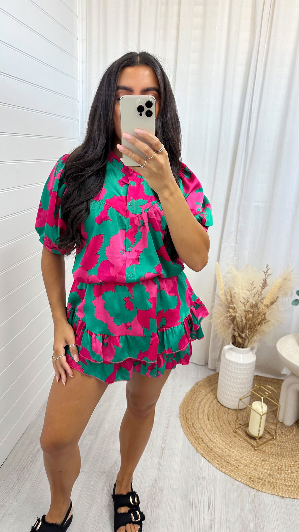 Satin Puff Sleeve Shirt and Frill Skort Co-Ord - GREEN/PINK