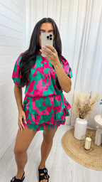 Satin Puff Sleeve Shirt and Frill Skort Co-Ord - GREEN/PINK