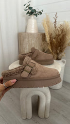Suede Buckle Strap Platform Slippers - KHAKI