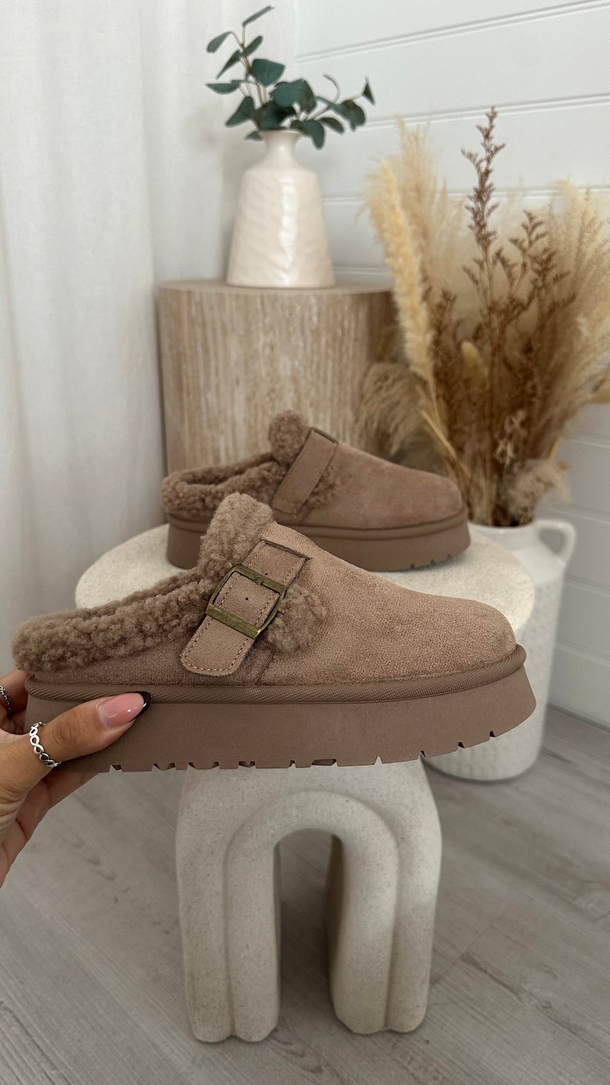 Suede Buckle Strap Platform Slippers - KHAKI