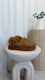 Faux Fur Strap Mule - CHESTNUT