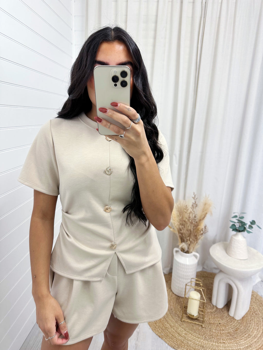 Cinched Gold Button Top and Shorts Co-Ord - LIGHT BEIGE