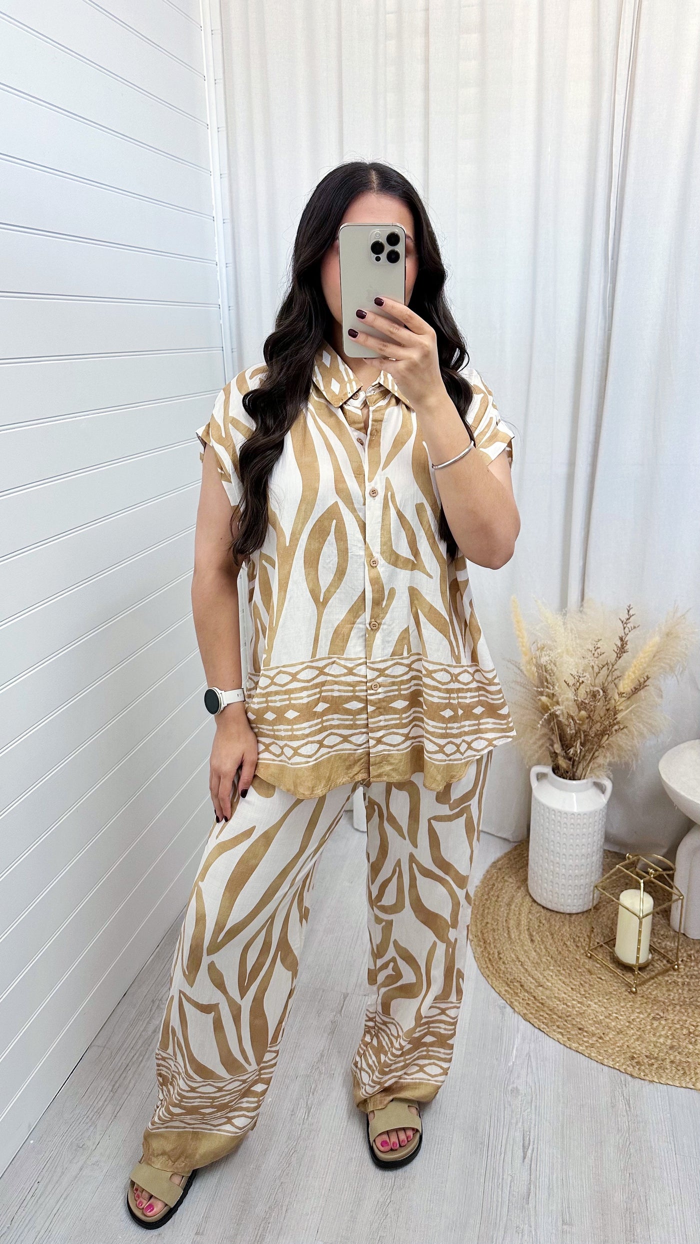 Leaf Print Shirt and Trousers Co-Ord - TAN