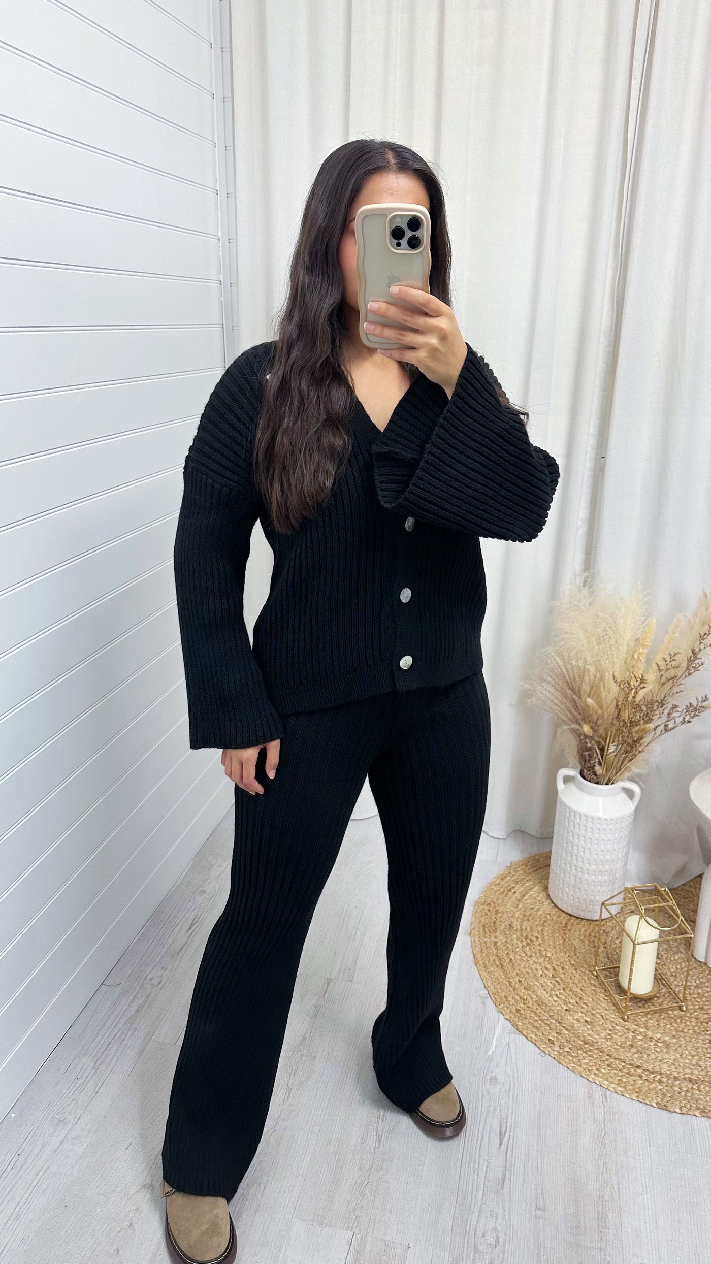 Chunky Knit Cardigan and Flares Co-Ord - BLACK