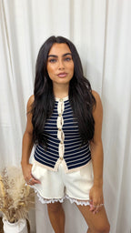 Stripey Gold Button Knitted Waistcoat - NAVY