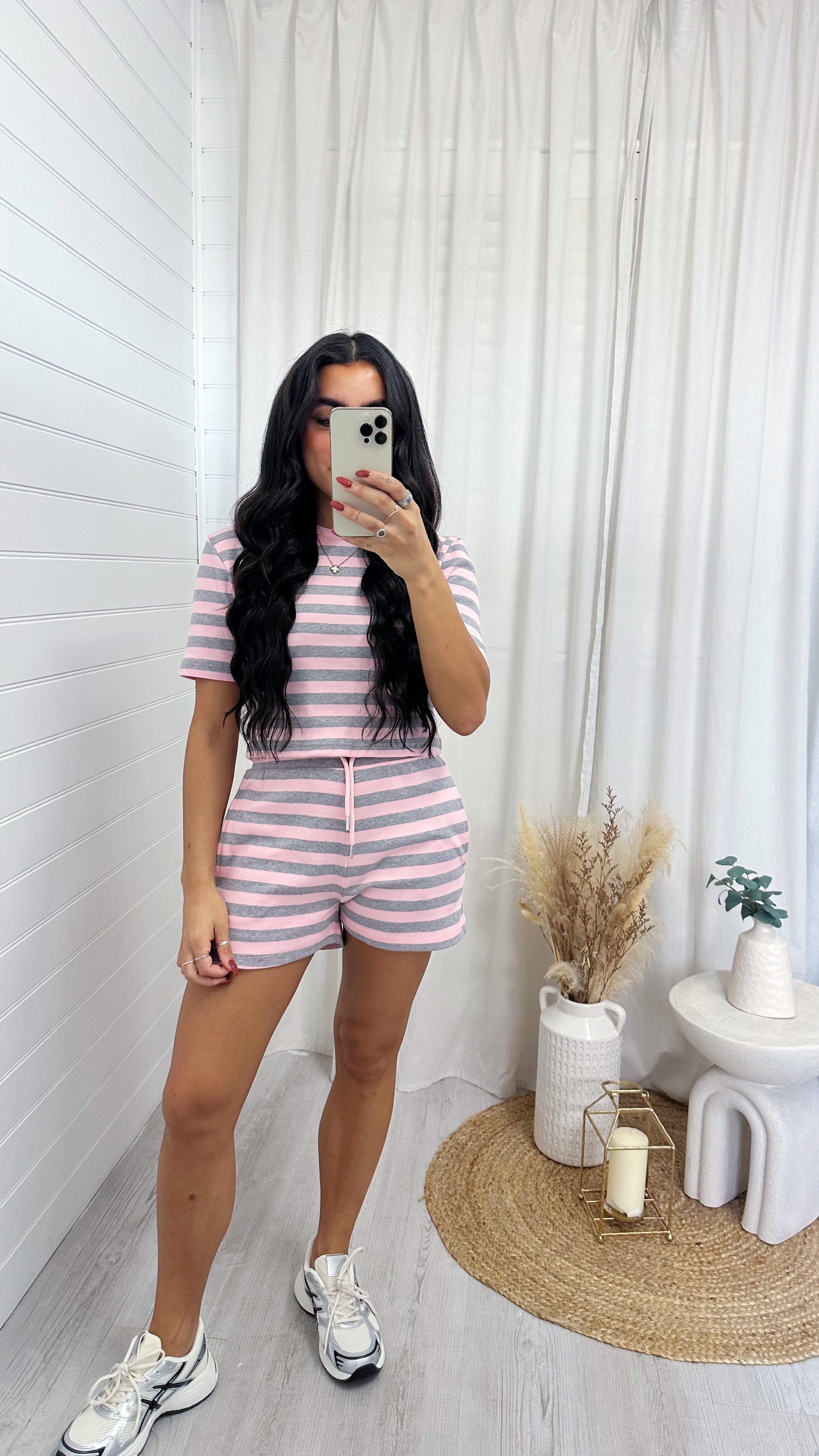 Stripey Rib T-Shirt and Shorts Co-Ord - PINK