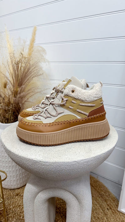 Embroidered High Top Platform Trainers - TAN