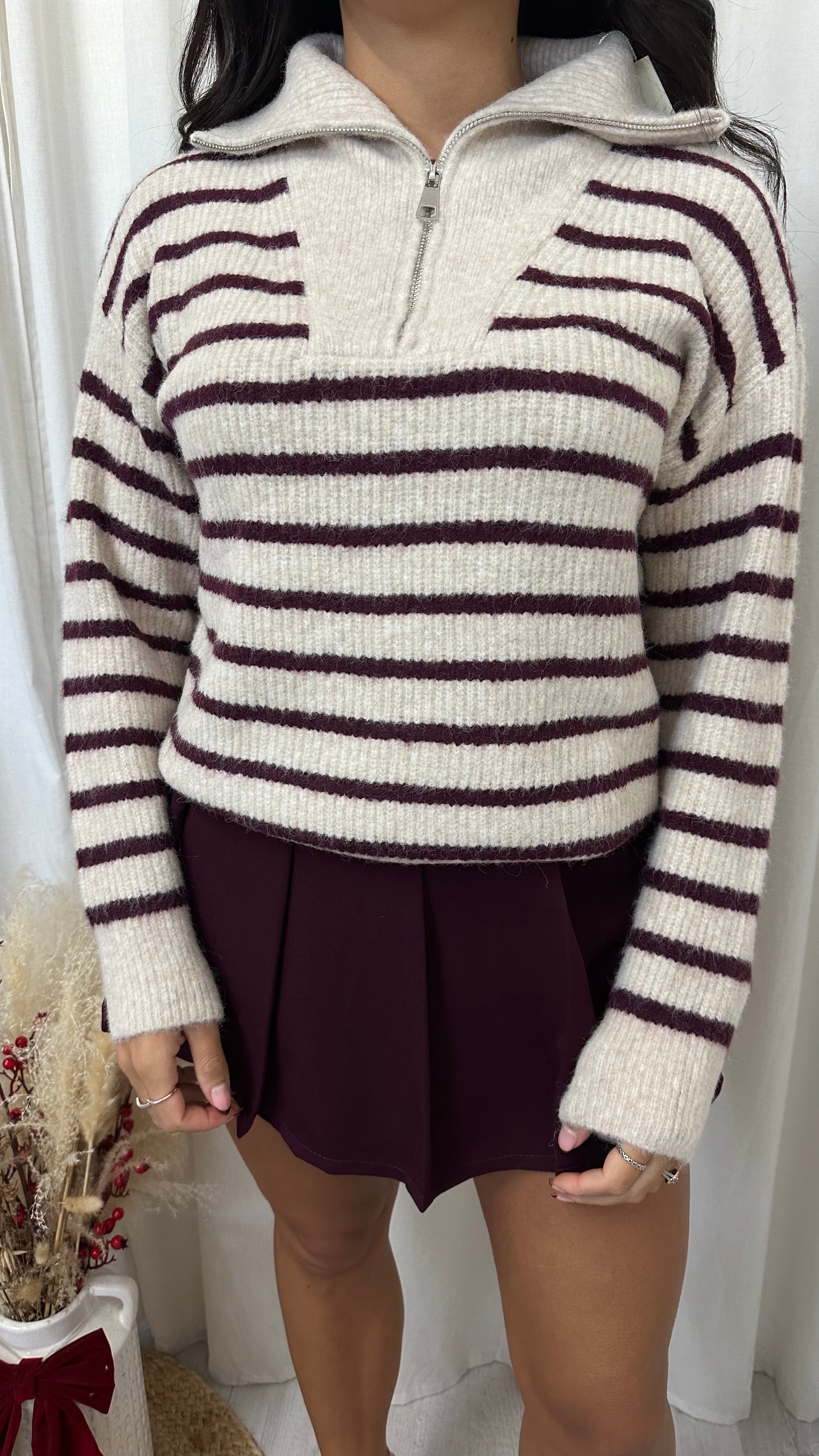 Half Zip Woollen Stripey Jumper - WINE/BEIGE