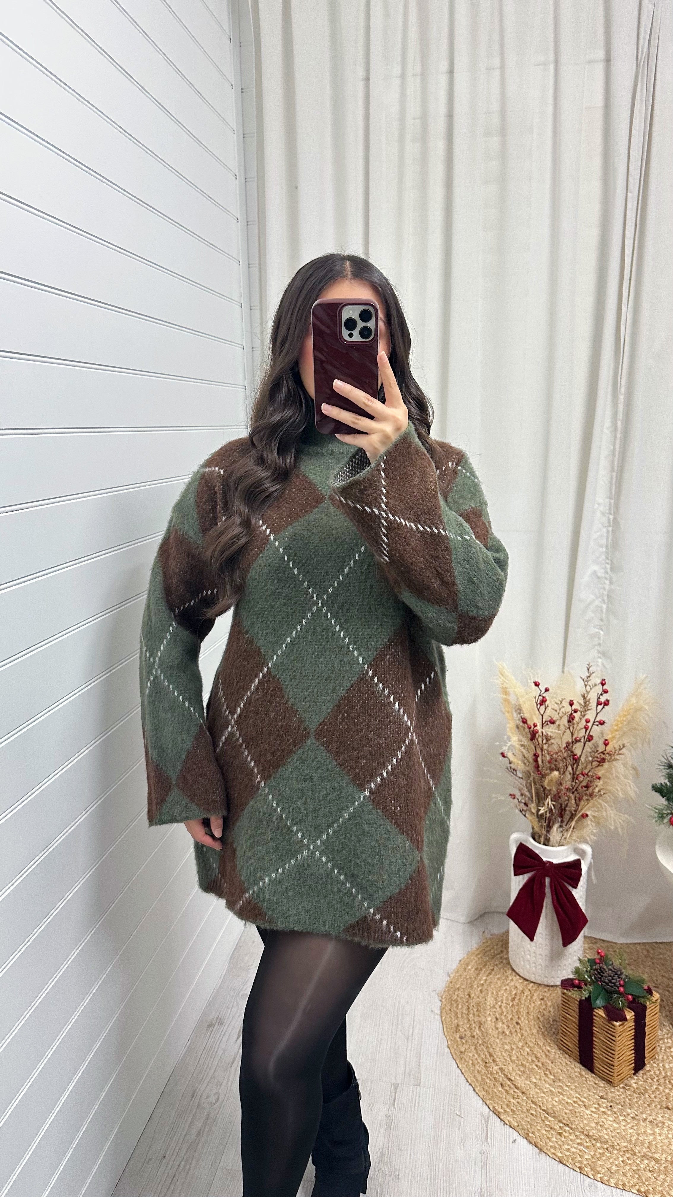 Argyle Woollen Jumper Dress - KHAKI/BROWN