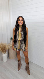 Reptile Print Halter Neck Frill Dress - KHAKI