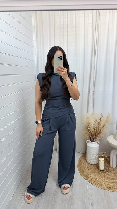 Asymmetrical Top and Wide Leg Trousers Co-Ord - CHARCOAL