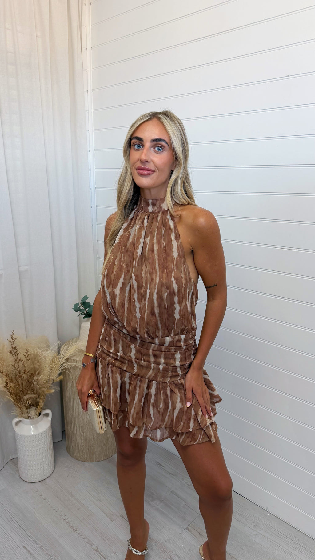 Halter Neck Ruched Playsuit - TAN