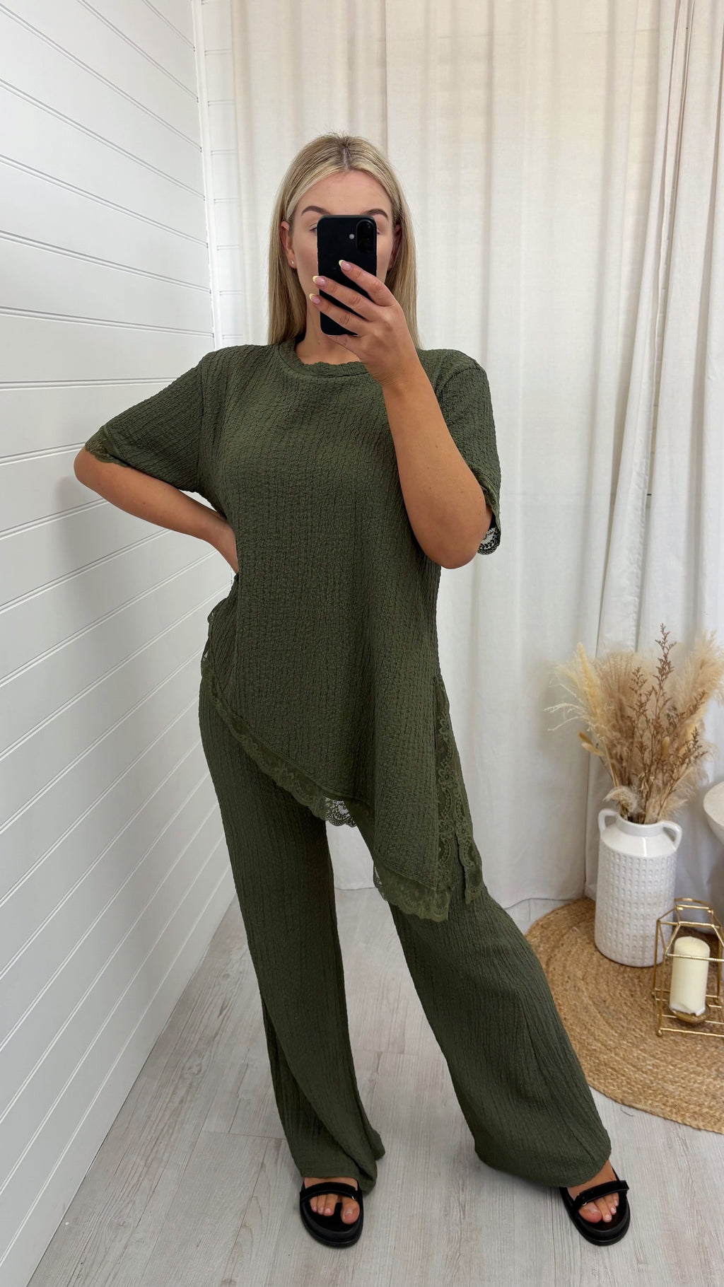 Lace Hem Asymmetric Co-Ord - KHAKI