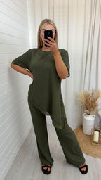 Lace Hem Asymmetric Co-Ord - KHAKI
