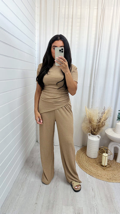 Cheesecloth Asymmetric Top and Trousers Co-Ord - TAUPE