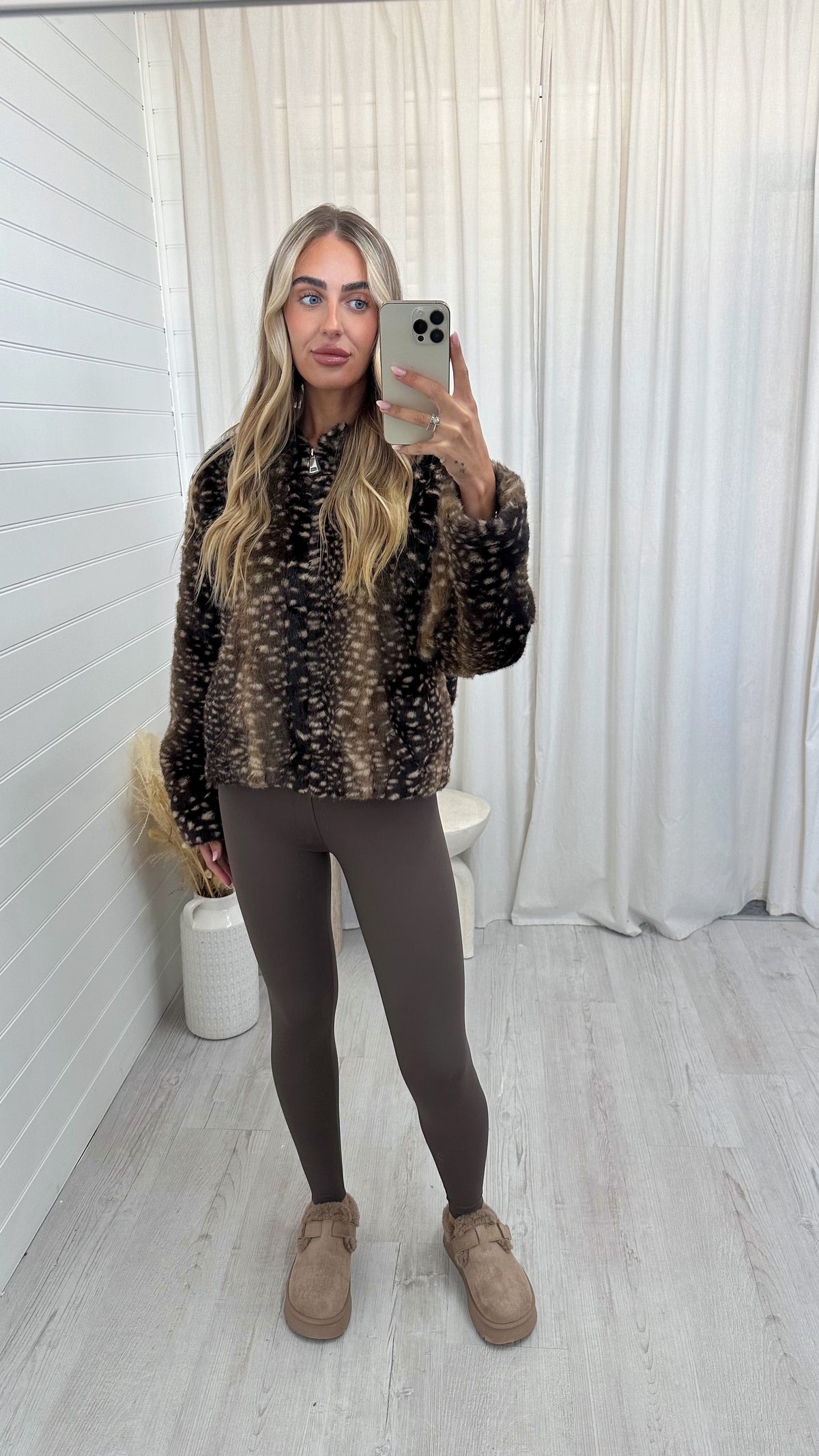 Deer Print Faux Fur Hooded Jacket