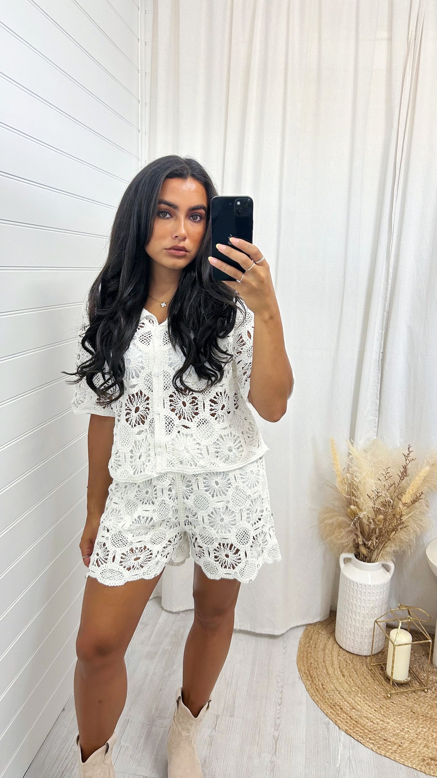 Diamante Crochet Cardigan and Shorts Co-Ord - WHITE